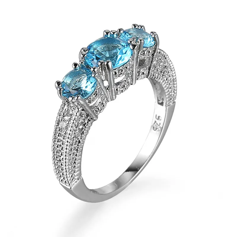 Sea Blue Crystal & Silver-Plated Three-Stone Ring
