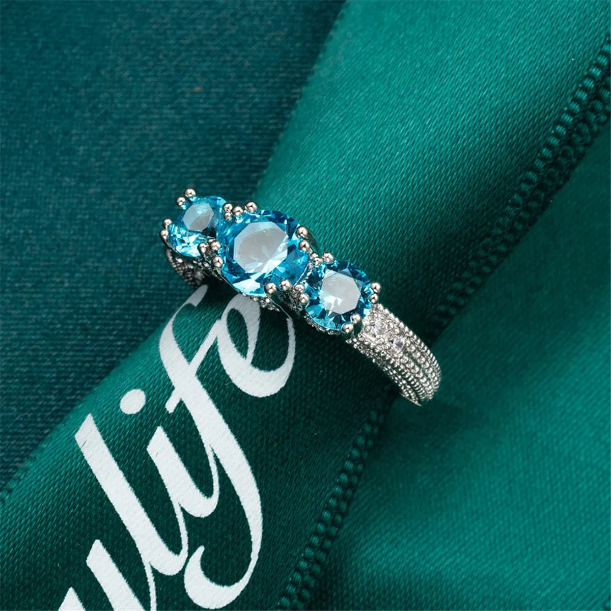 Sea Blue Crystal & Silver-Plated Three-Stone Ring