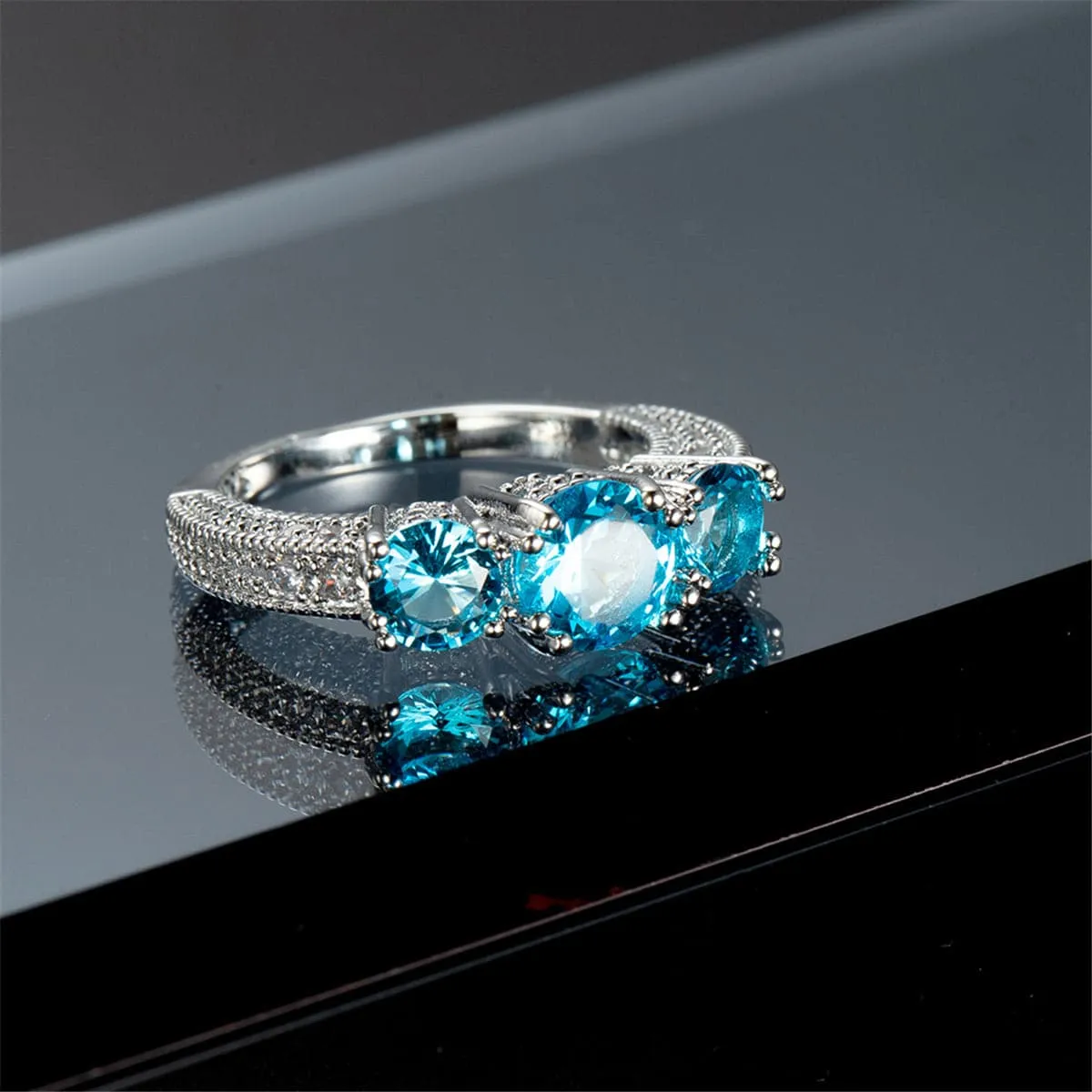 Sea Blue Crystal & Silver-Plated Three-Stone Ring