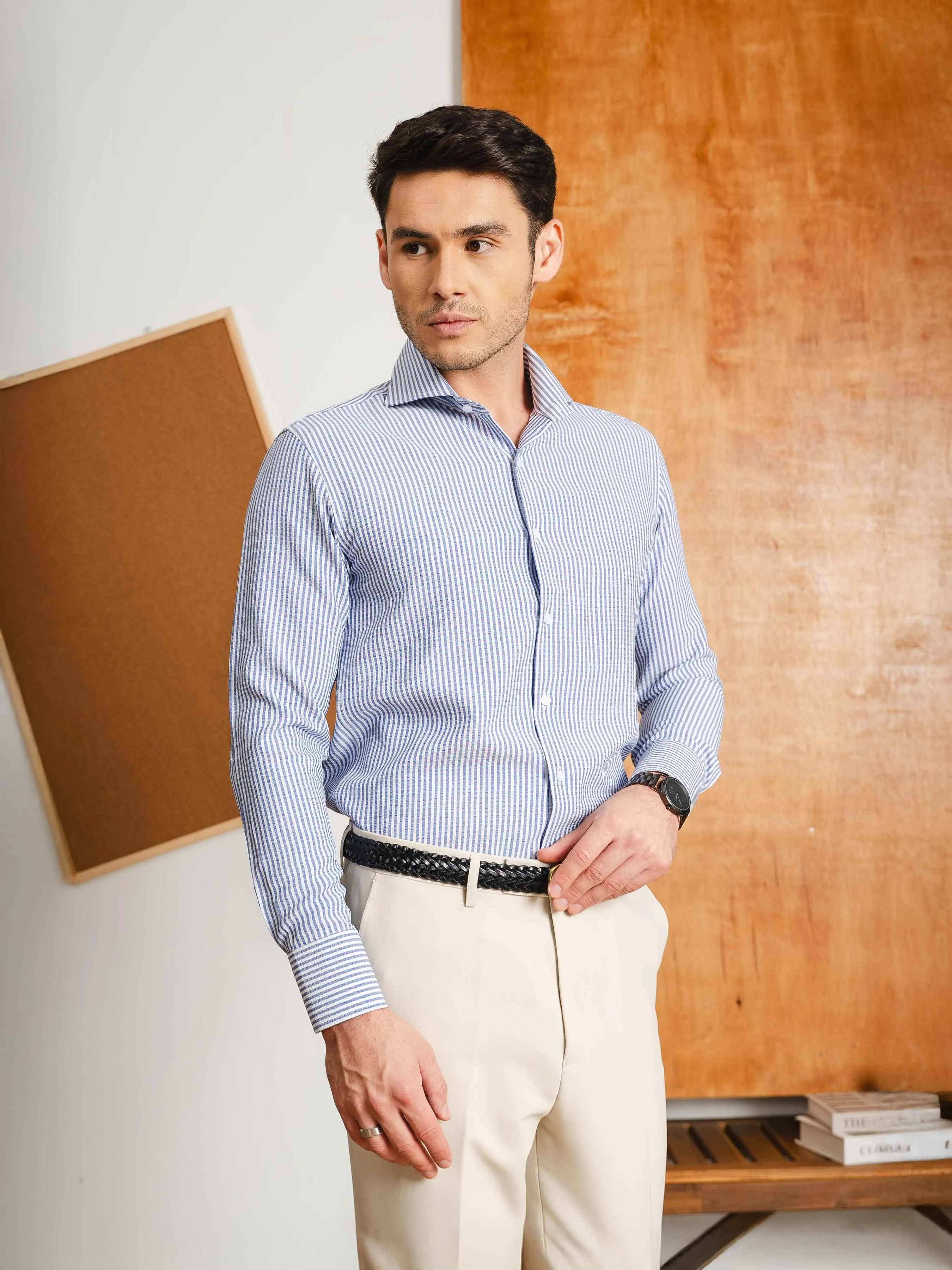Seersucker Shirt - Navy Blue