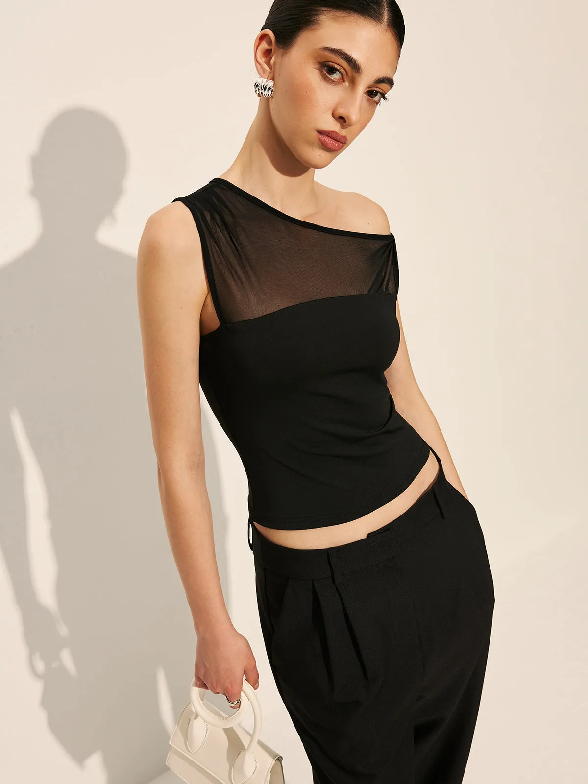 Sheer Panel One-Shoulder Top