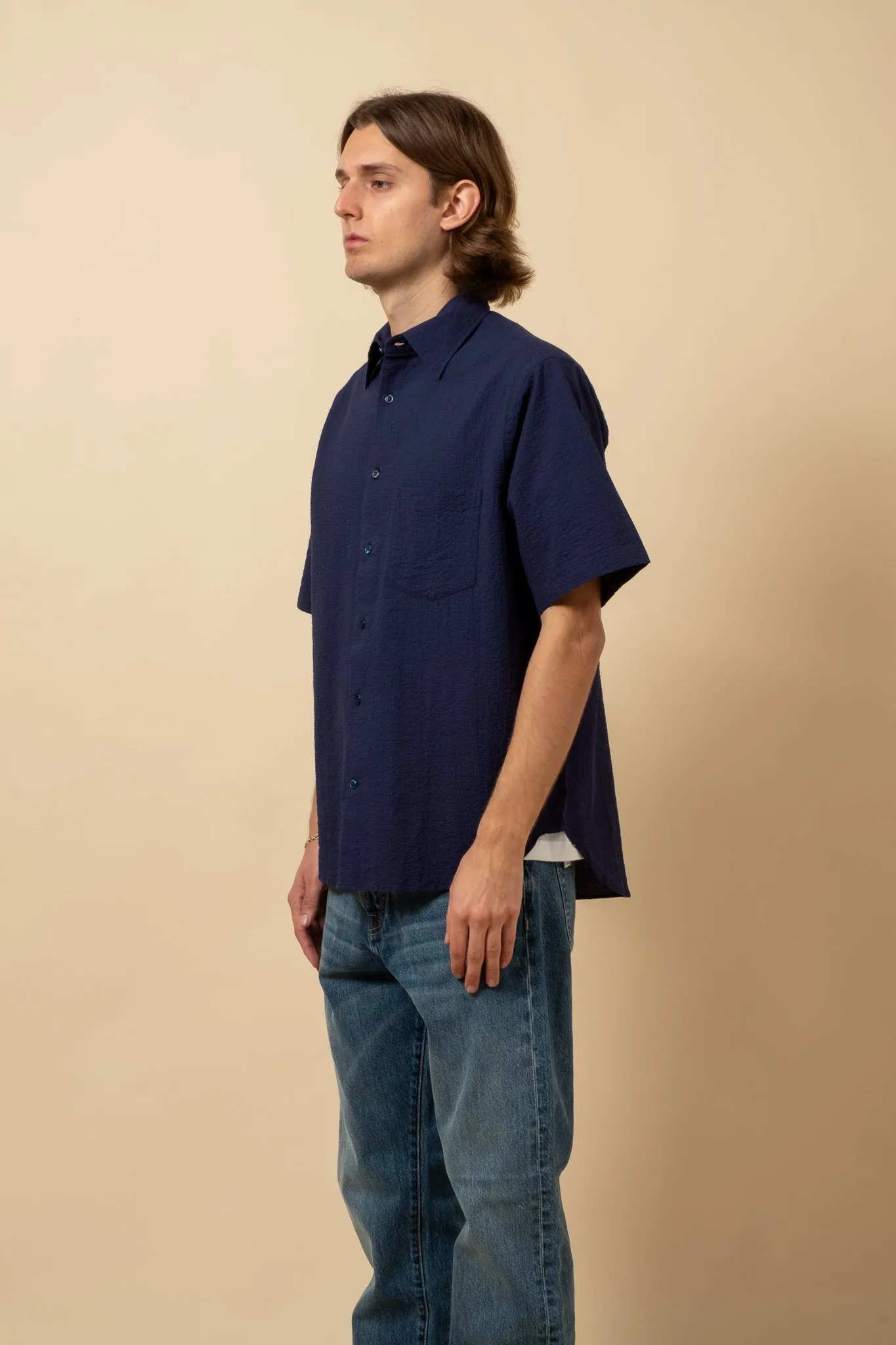 Short Sleeve Seersucker Shirt - Dark Blue