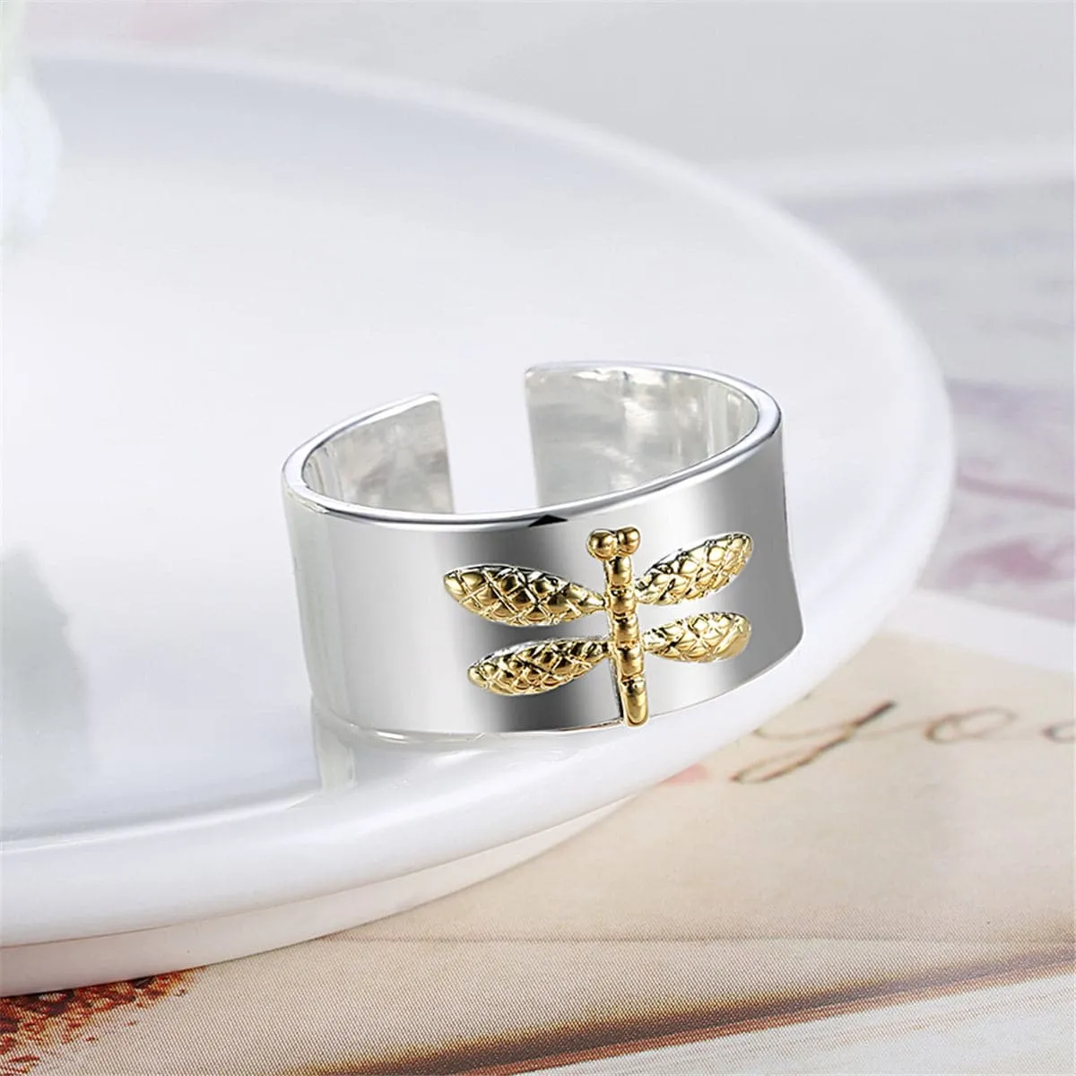Silver-Plated & 18K Gold-Plated Dragonfly Open Ring