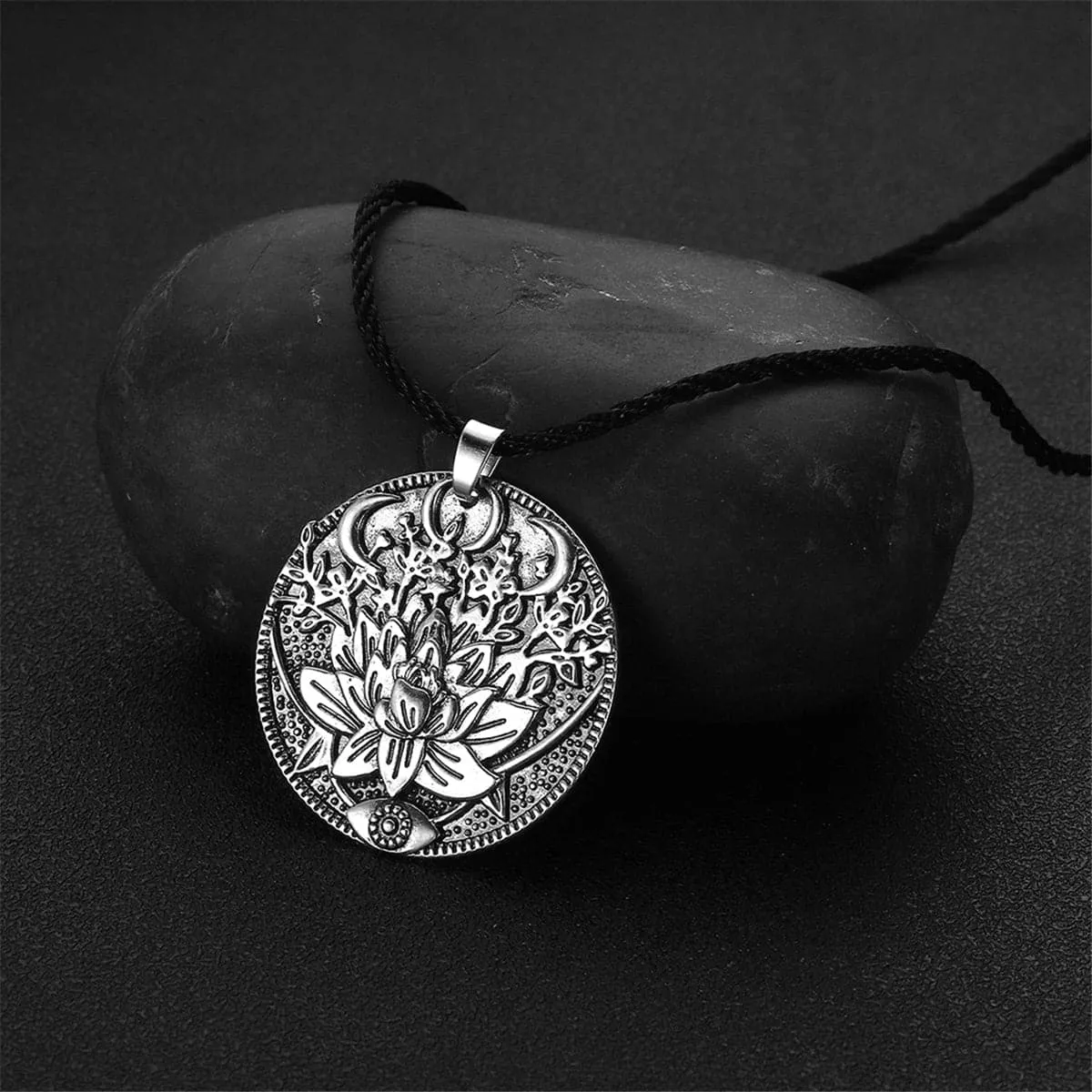 Silver-Plated Lotus Flower Engraved Pendant Necklace