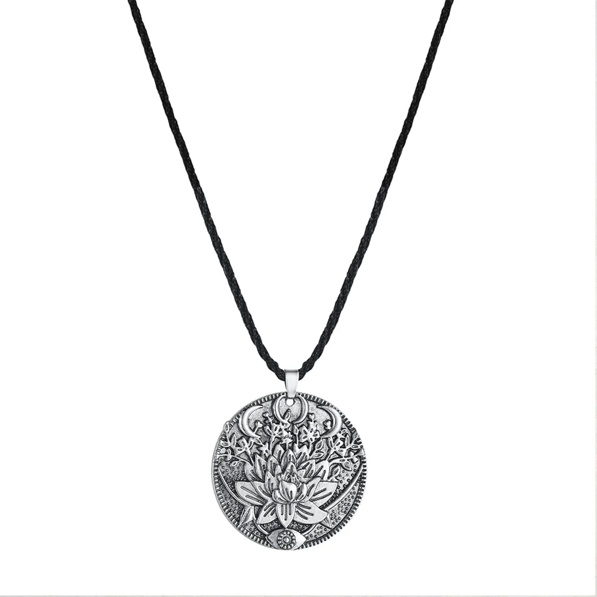 Silver-Plated Lotus Flower Engraved Pendant Necklace