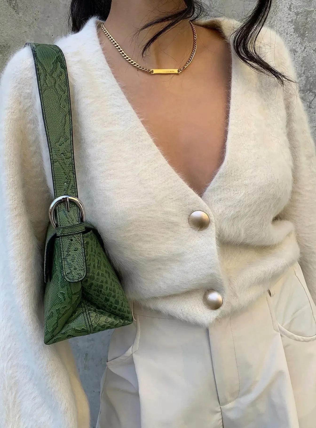 Single-breasted Deep V-neck Puff Sleeve Knitting Cardigan