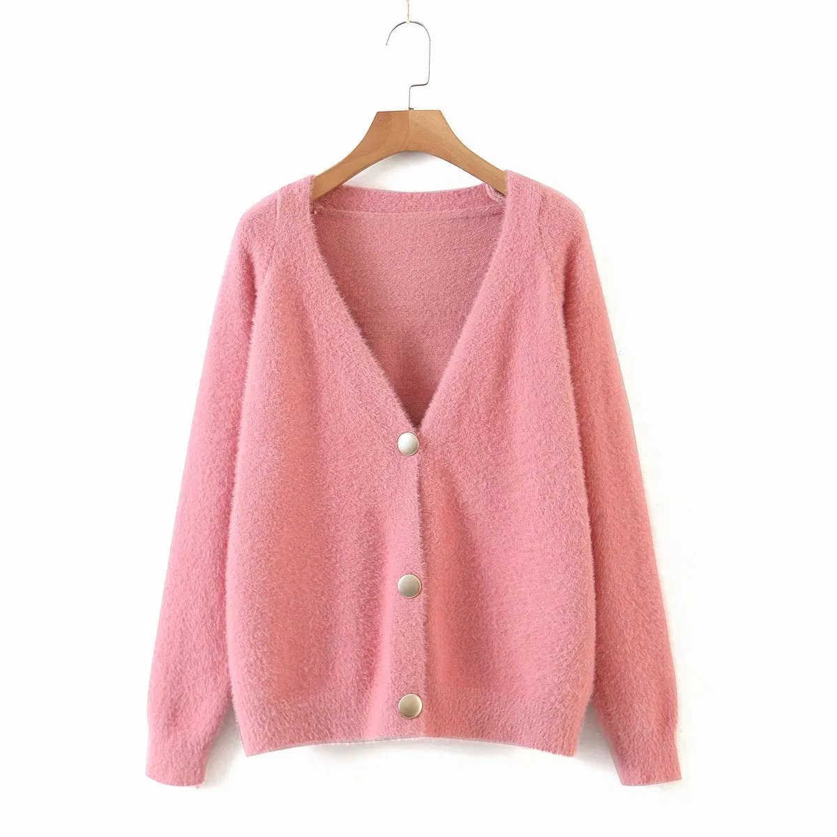 Single-breasted Deep V-neck Puff Sleeve Knitting Cardigan