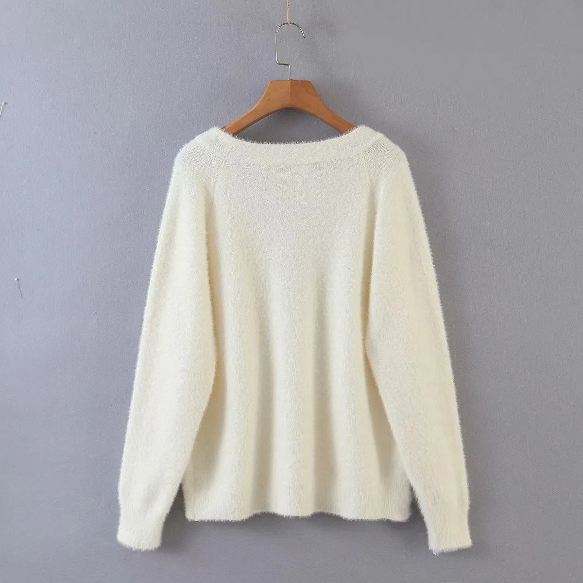 Single-breasted Deep V-neck Puff Sleeve Knitting Cardigan