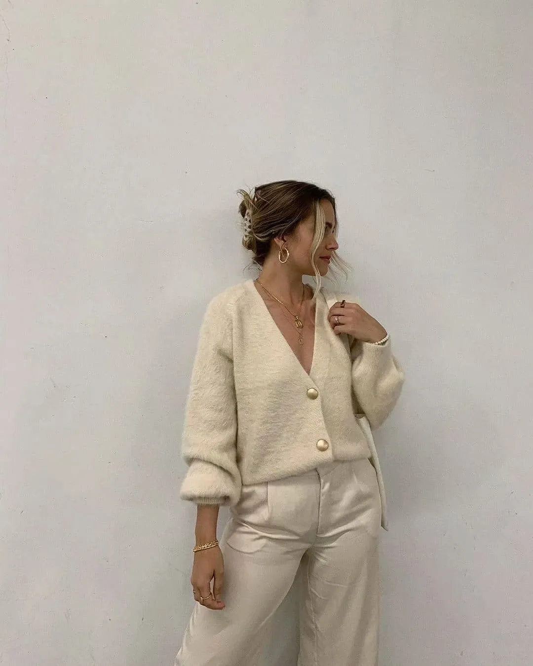 Single-breasted Deep V-neck Puff Sleeve Knitting Cardigan