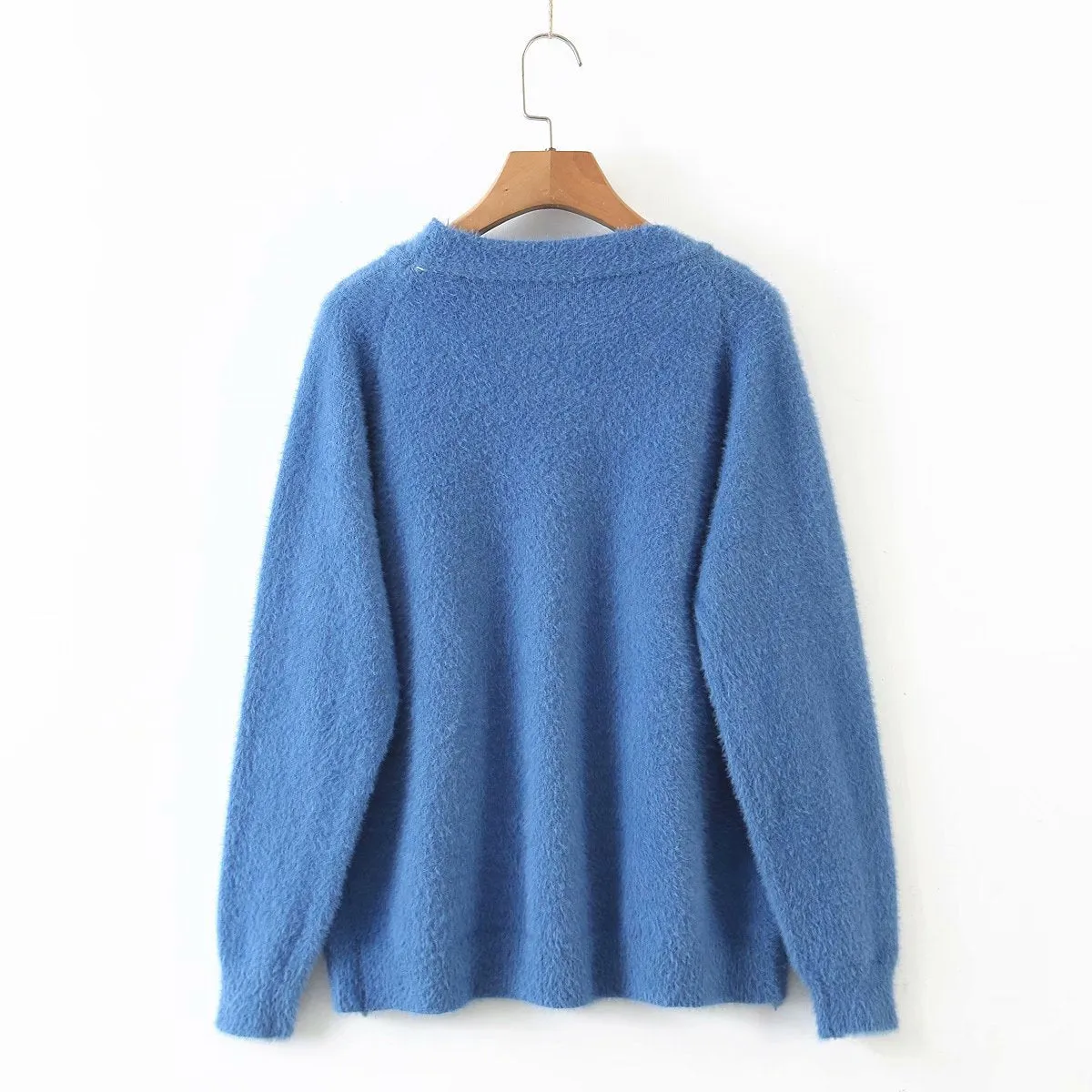 Single-breasted Deep V-neck Puff Sleeve Knitting Cardigan
