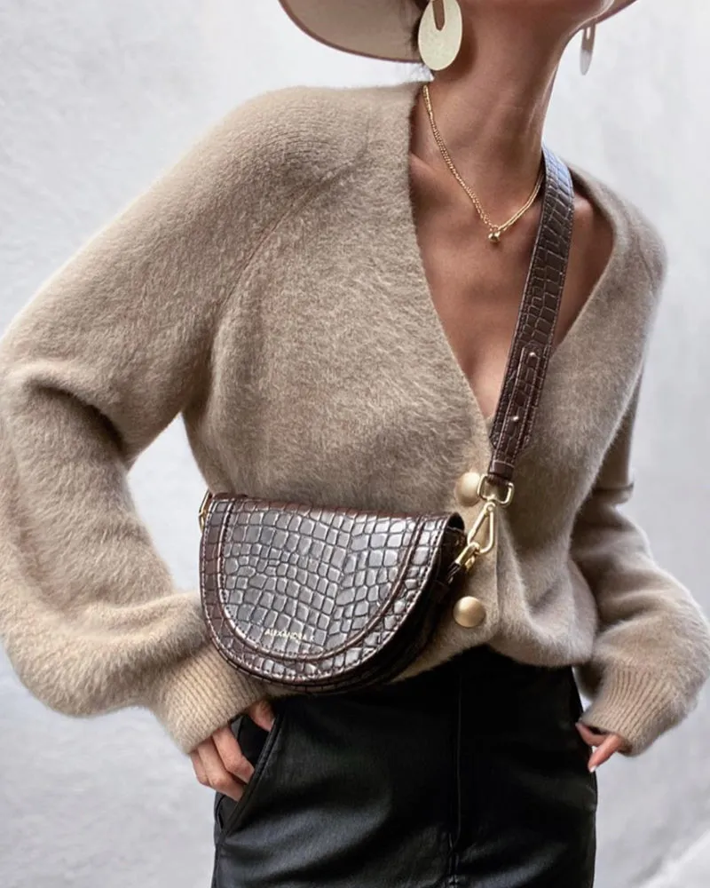 Single-breasted Deep V-neck Puff Sleeve Knitting Cardigan
