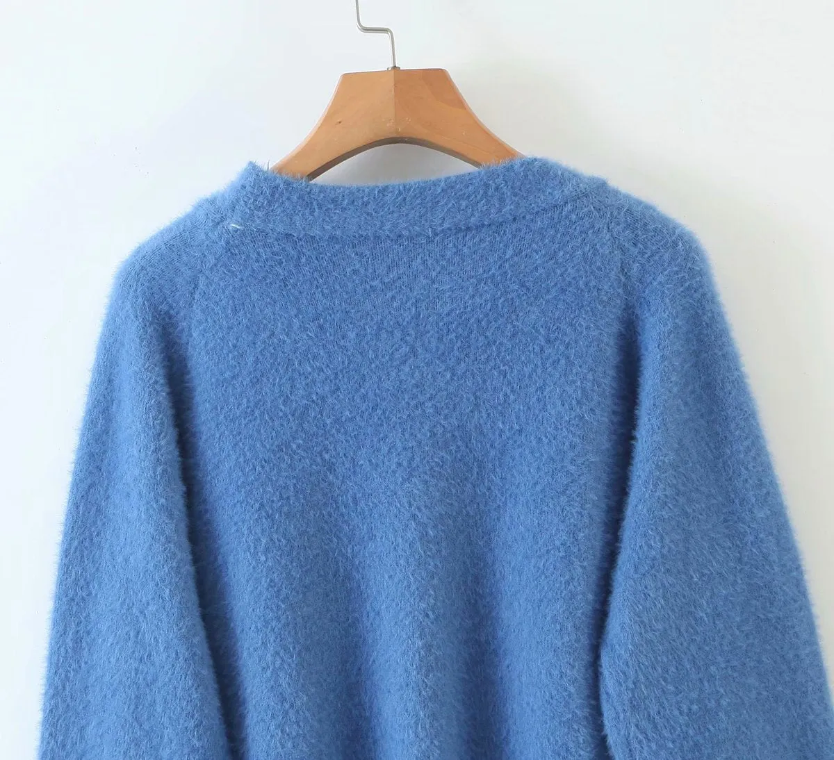 Single-breasted Deep V-neck Puff Sleeve Knitting Cardigan