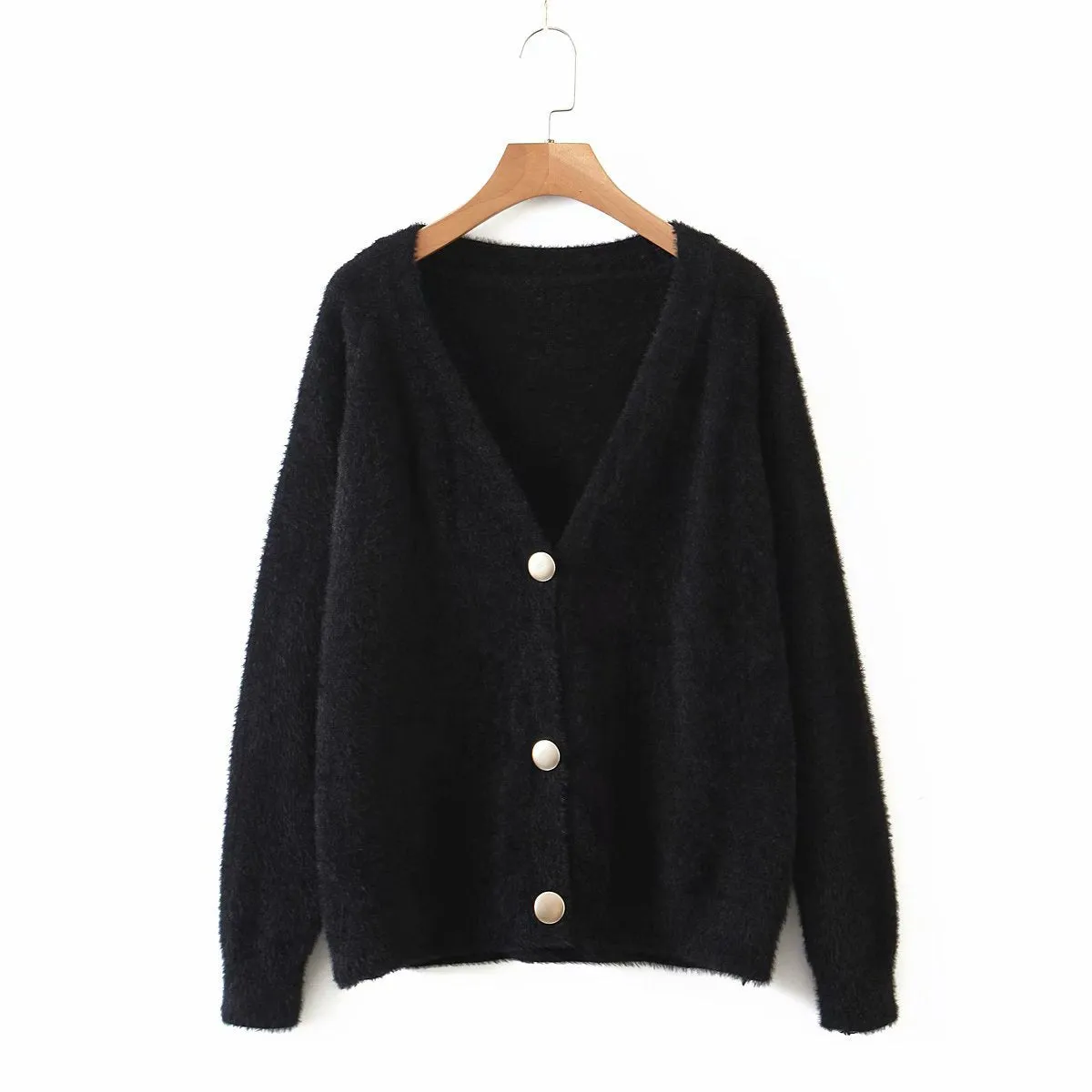 Single-breasted Deep V-neck Puff Sleeve Knitting Cardigan