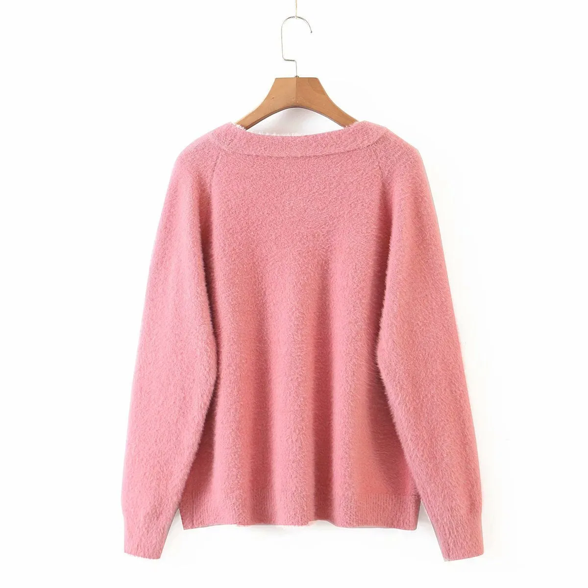 Single-breasted Deep V-neck Puff Sleeve Knitting Cardigan