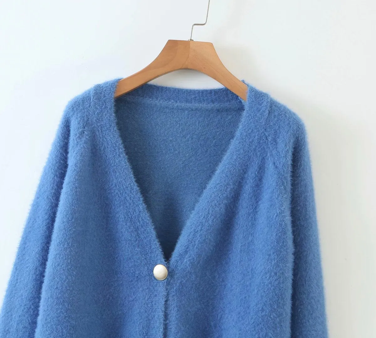 Single-breasted Deep V-neck Puff Sleeve Knitting Cardigan