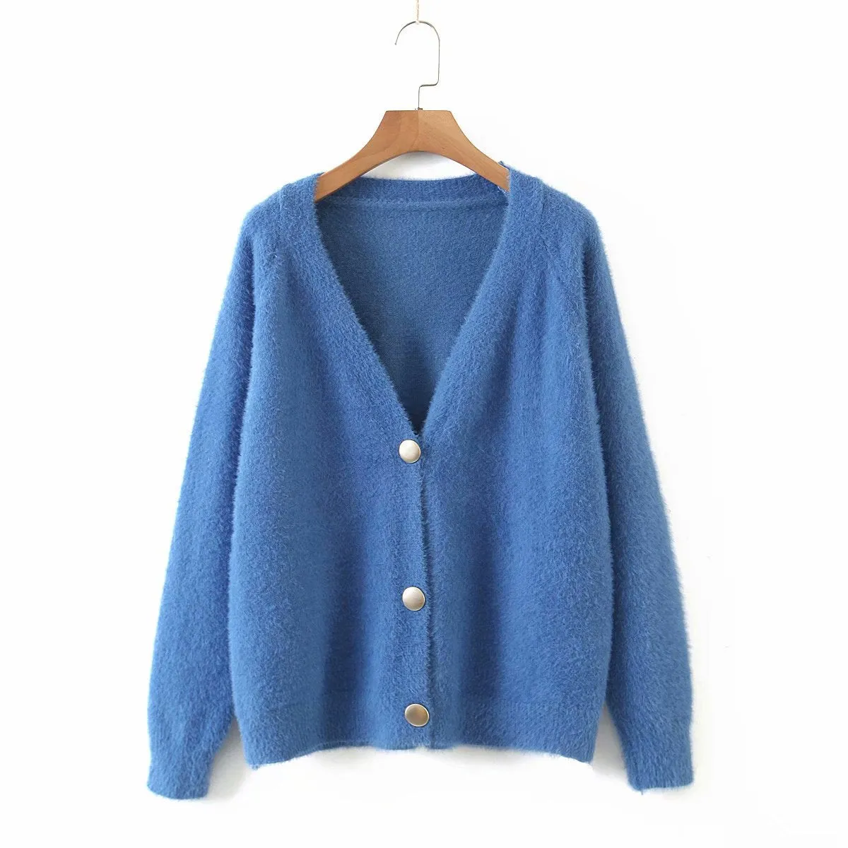 Single-breasted Deep V-neck Puff Sleeve Knitting Cardigan