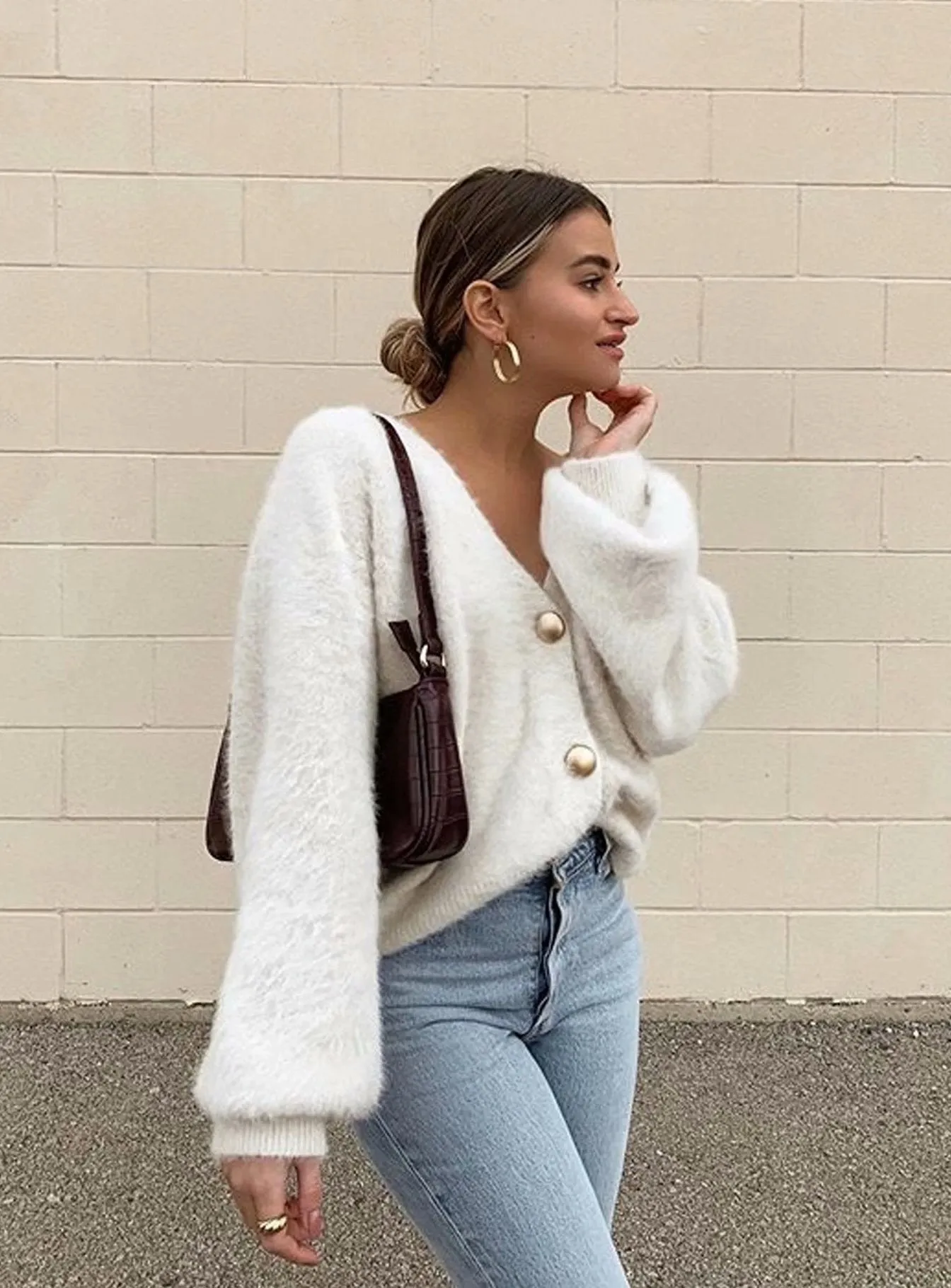 Single-breasted Deep V-neck Puff Sleeve Knitting Cardigan