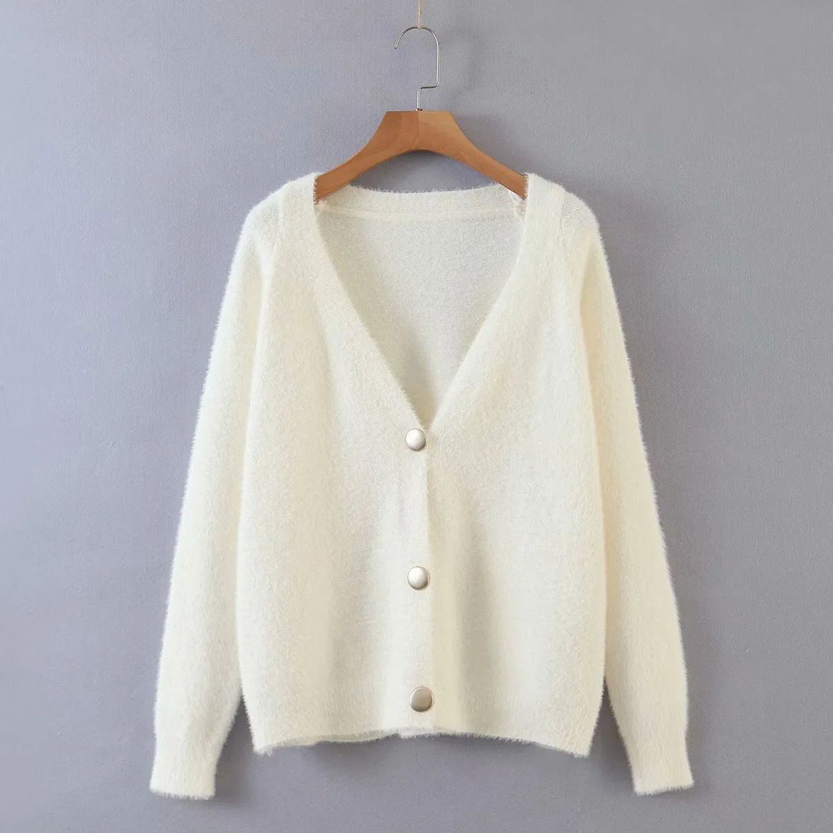 Single-breasted Deep V-neck Puff Sleeve Knitting Cardigan