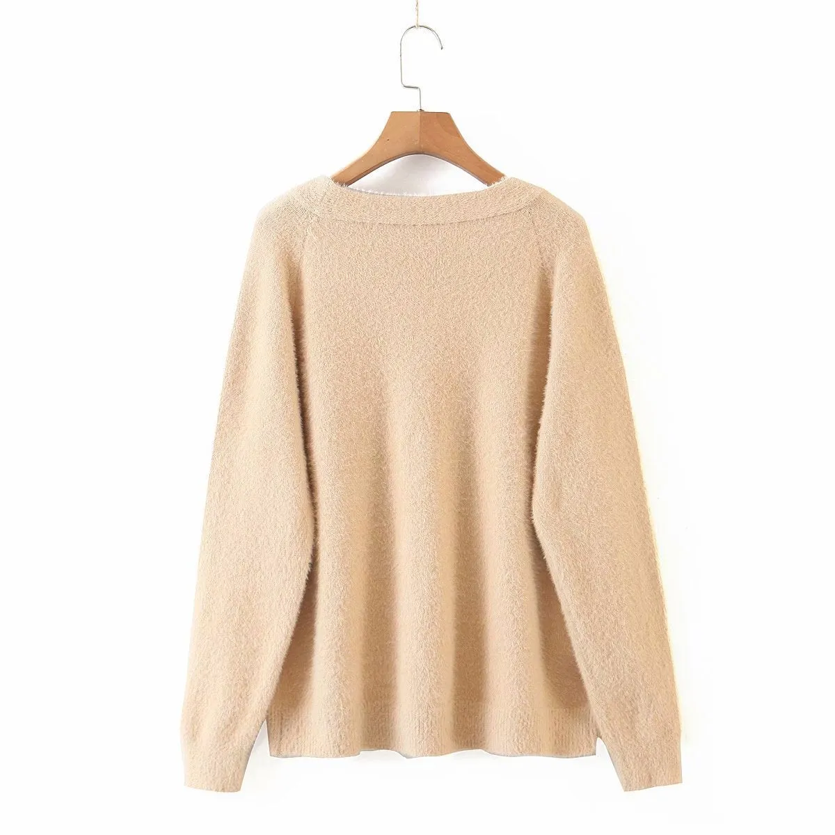 Single-breasted Deep V-neck Puff Sleeve Knitting Cardigan