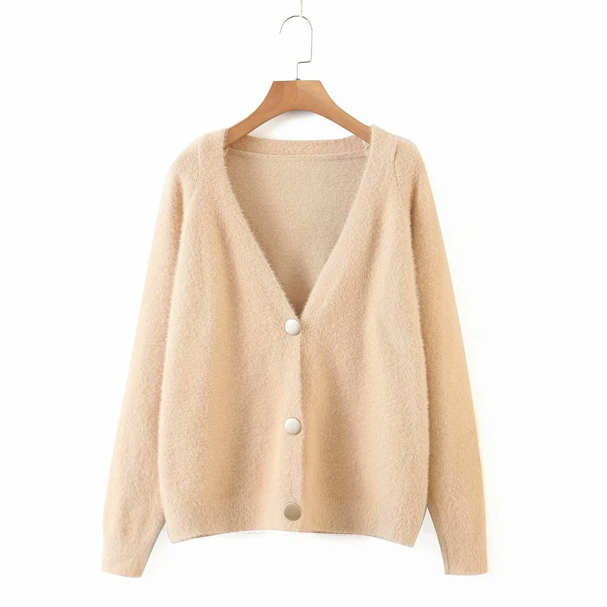 Single-breasted Deep V-neck Puff Sleeve Knitting Cardigan