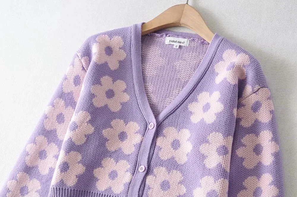 Single-breasted FLoral V-neck Knitting Sweater Cardigan