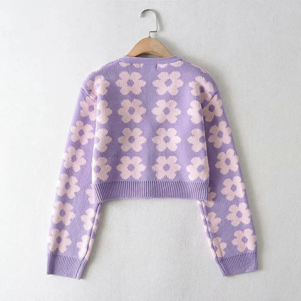 Single-breasted FLoral V-neck Knitting Sweater Cardigan