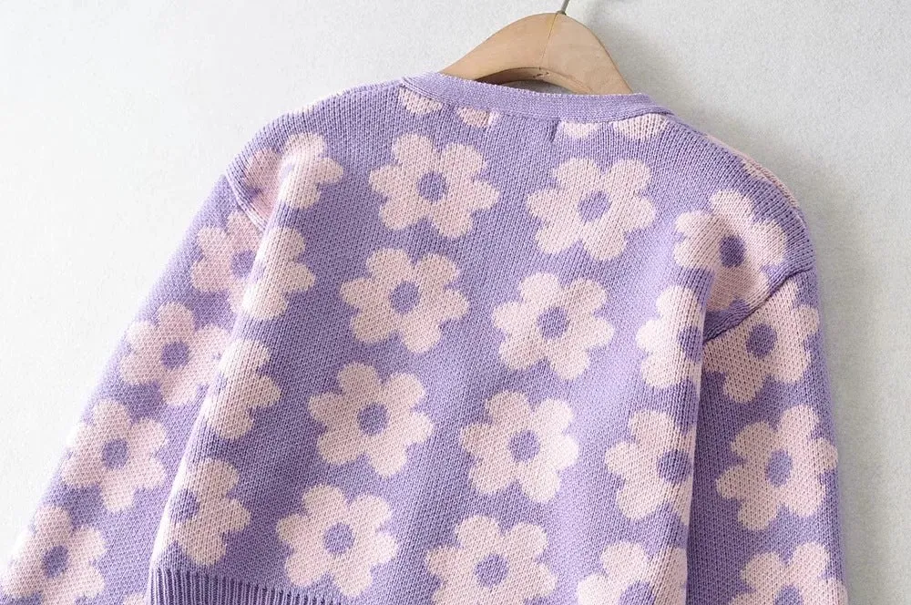Single-breasted FLoral V-neck Knitting Sweater Cardigan