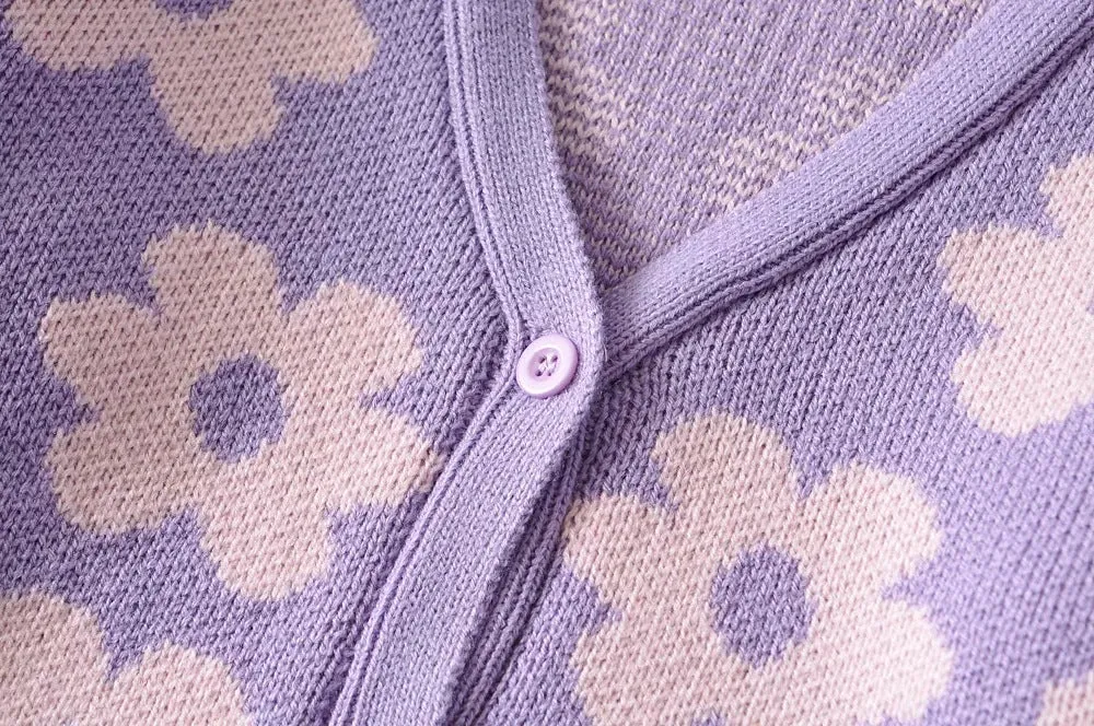 Single-breasted FLoral V-neck Knitting Sweater Cardigan