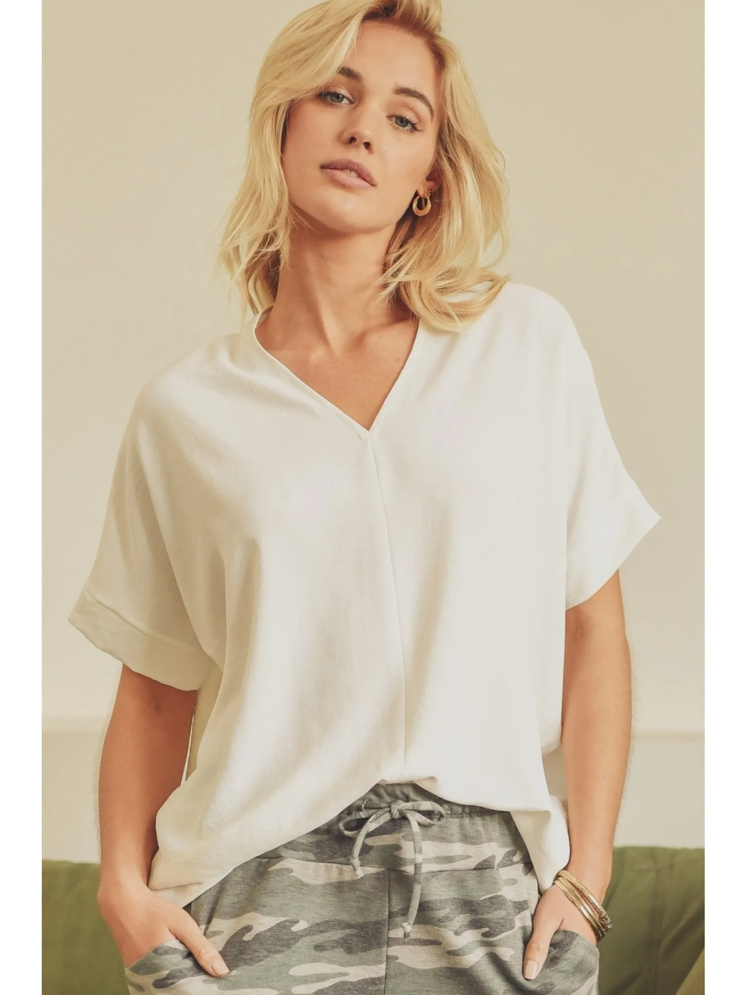 Solid V-Neck Boxy Top