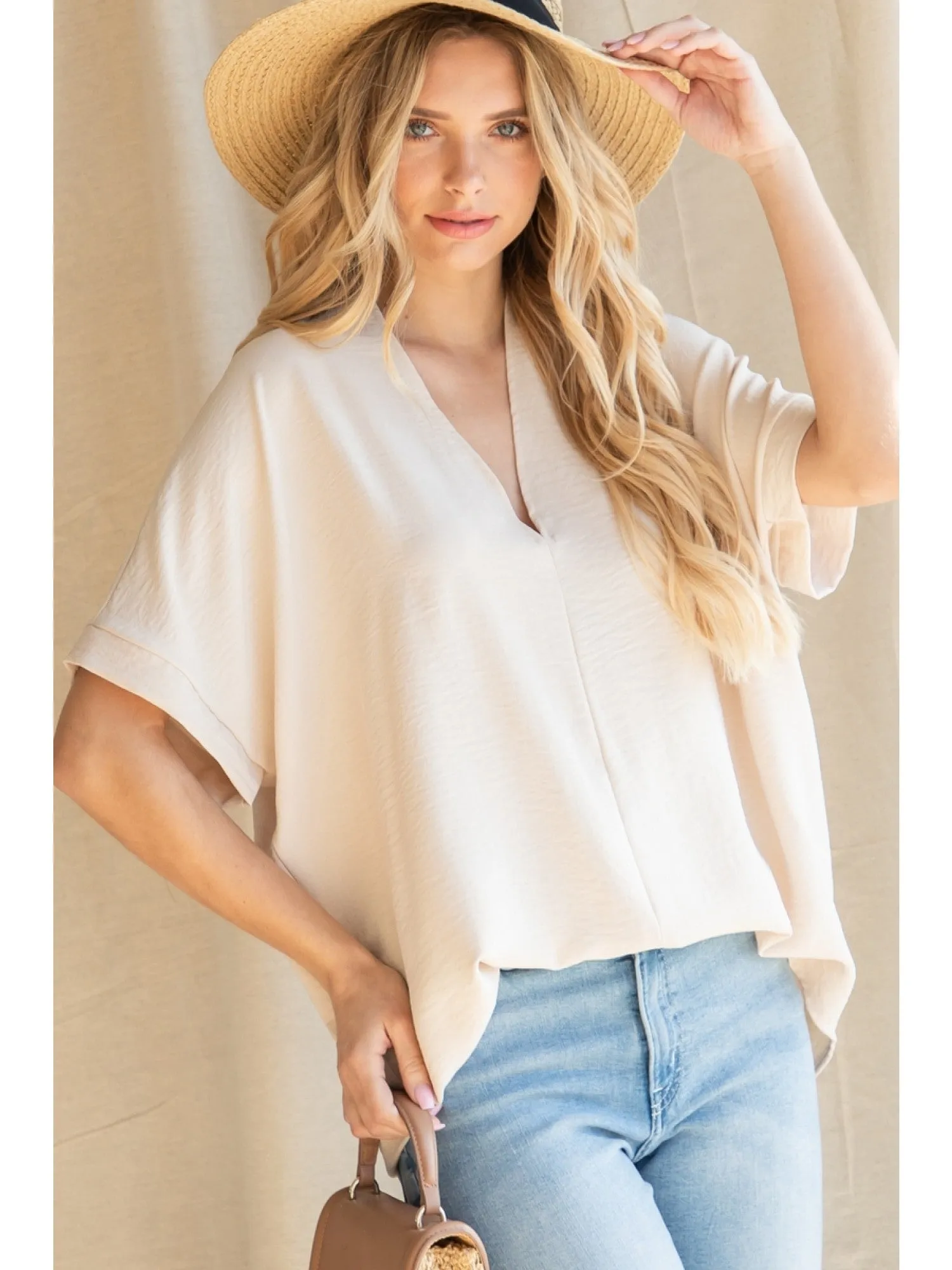Solid V-Neck Boxy Top