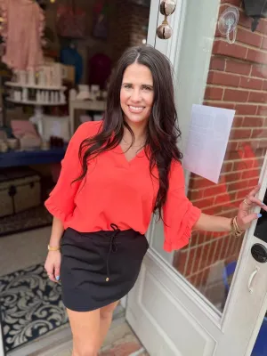 The Khaki Ruffle Sleeve Top -Neon Coral