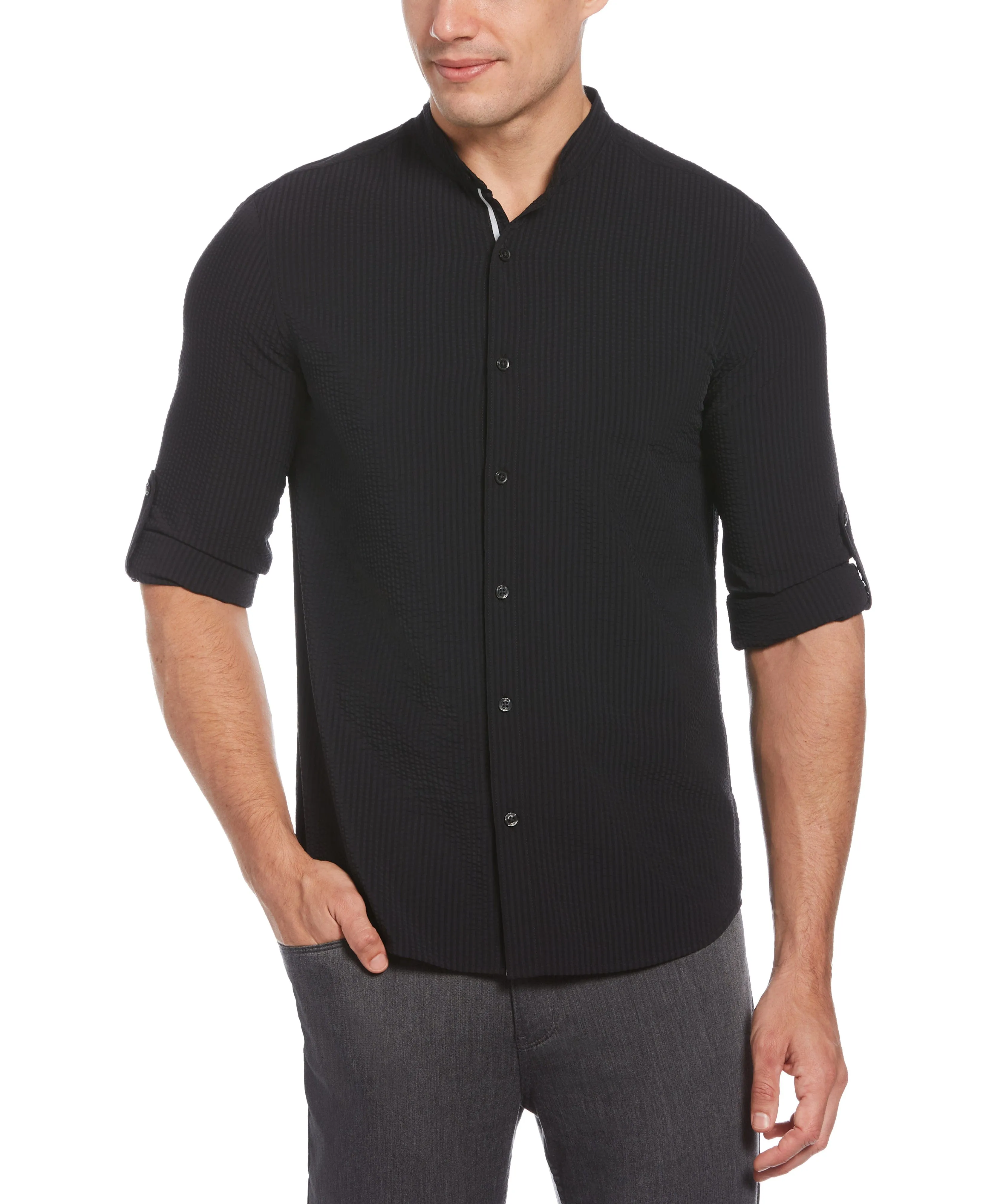 Untucked Total Stretch Slim Fit Seersucker Shirt - Black