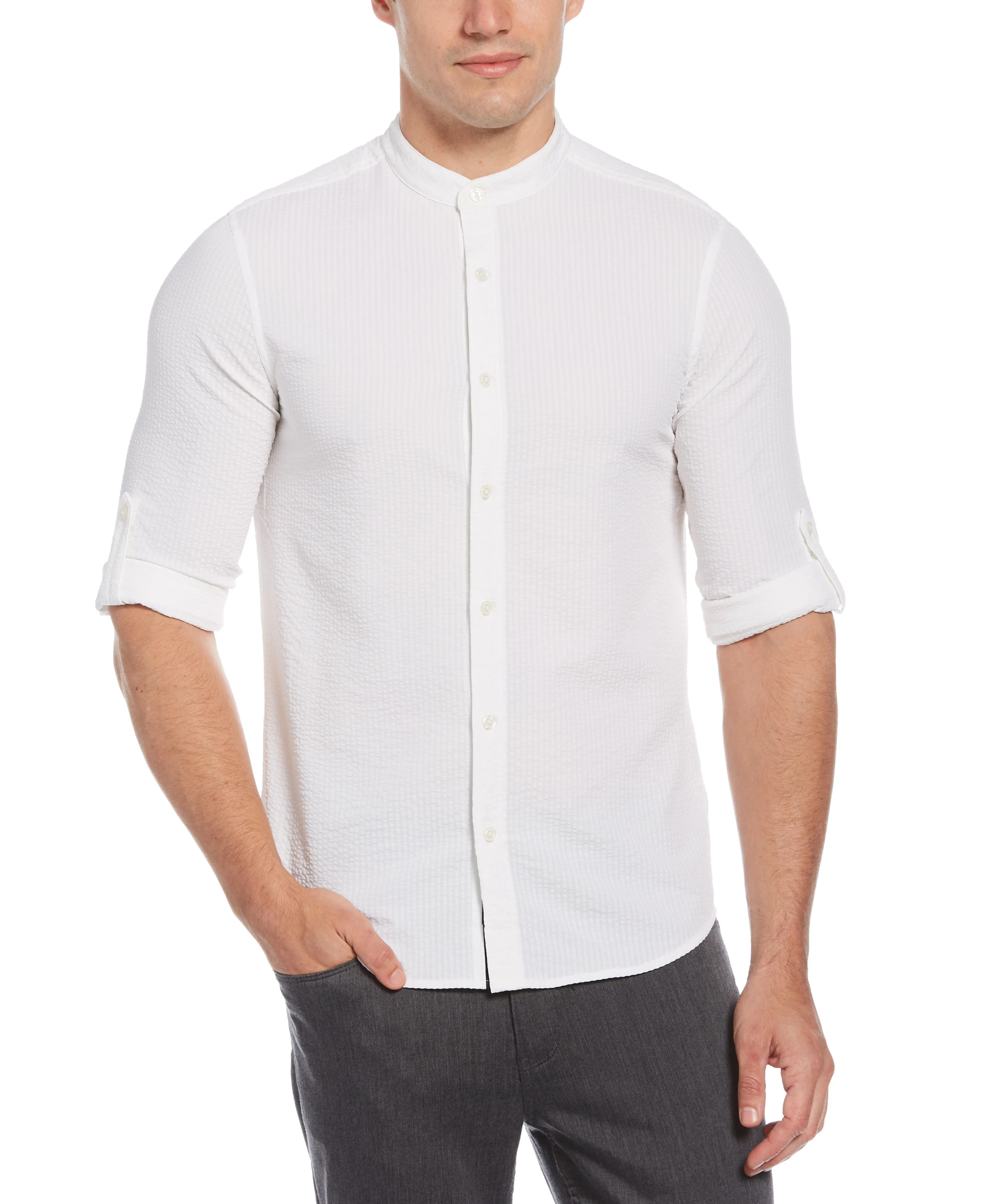 Untucked Total Stretch Slim Fit Seersucker Shirt - White