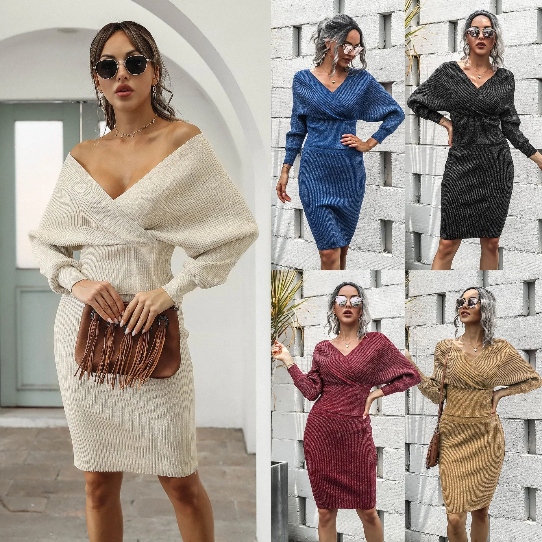 V-neck Knit Backless Bodycon Midi Dresses Two-piece Set