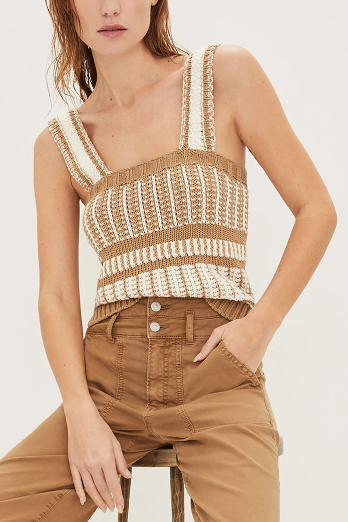 Voya Knit Tank Top in Khaki White