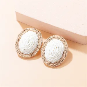 White & Beige Raffia Oval Stud Earrings