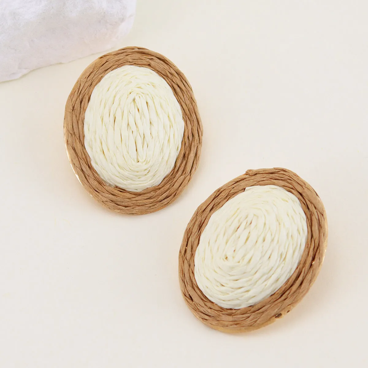 White & Beige Raffia Oval Stud Earrings