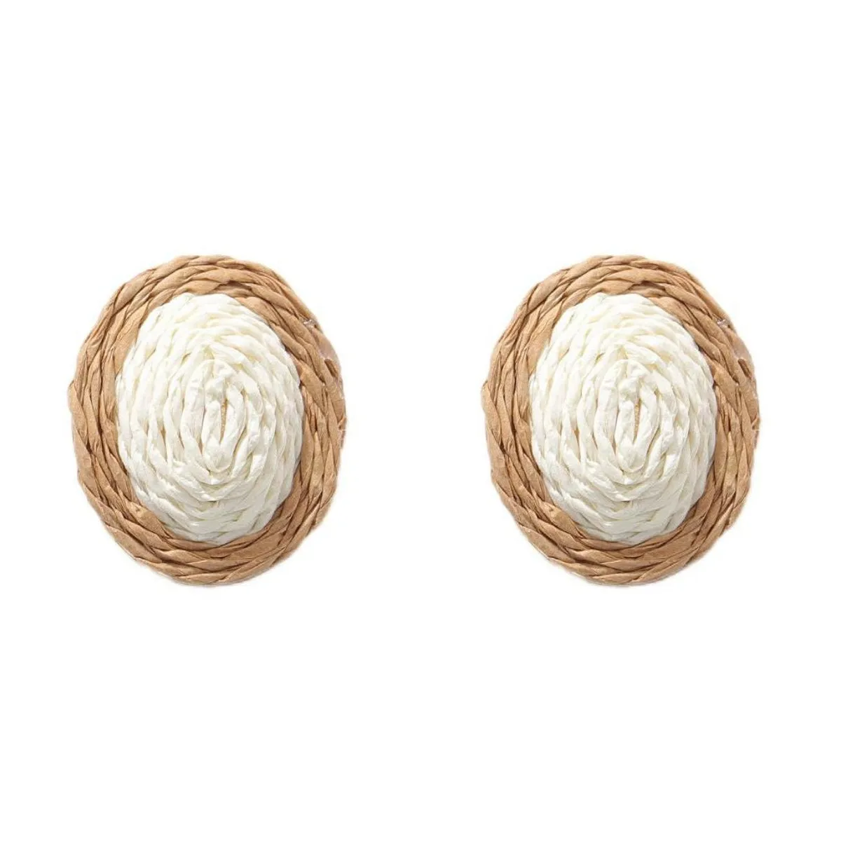 White & Beige Raffia Oval Stud Earrings