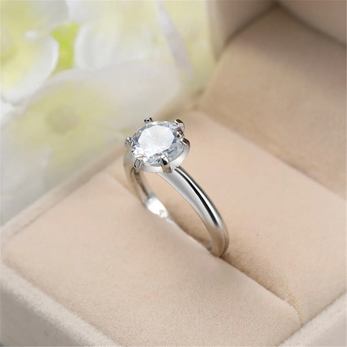 White Crystal & Silver-Plated Cocktail Ring