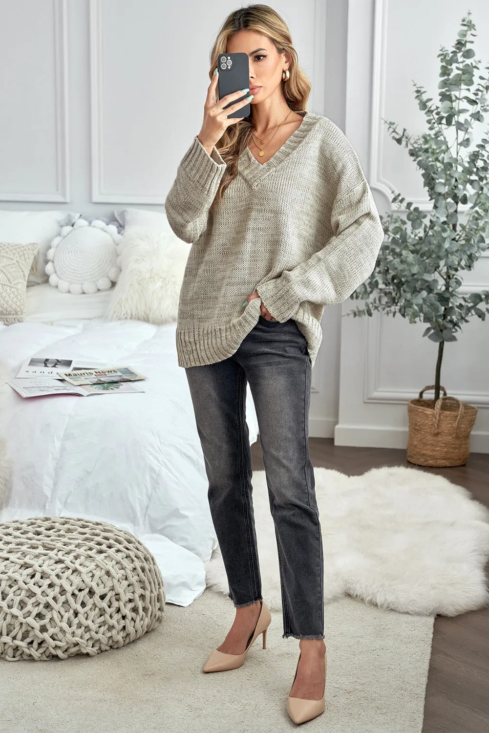 Winter Khaki V neck Drop Shoulder Knitted Sweater