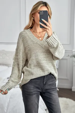 Winter Khaki V neck Drop Shoulder Knitted Sweater