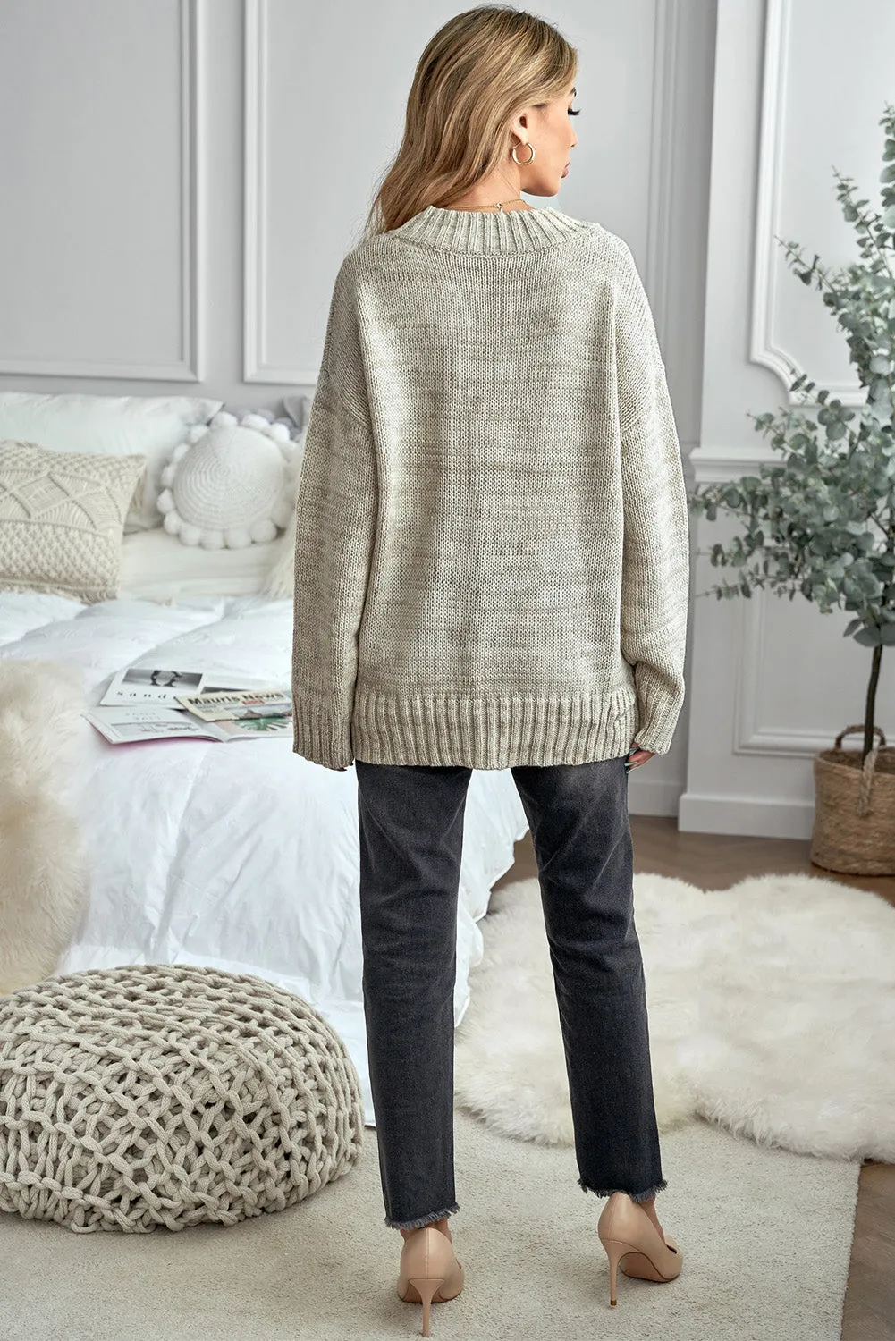 Winter Khaki V neck Drop Shoulder Knitted Sweater
