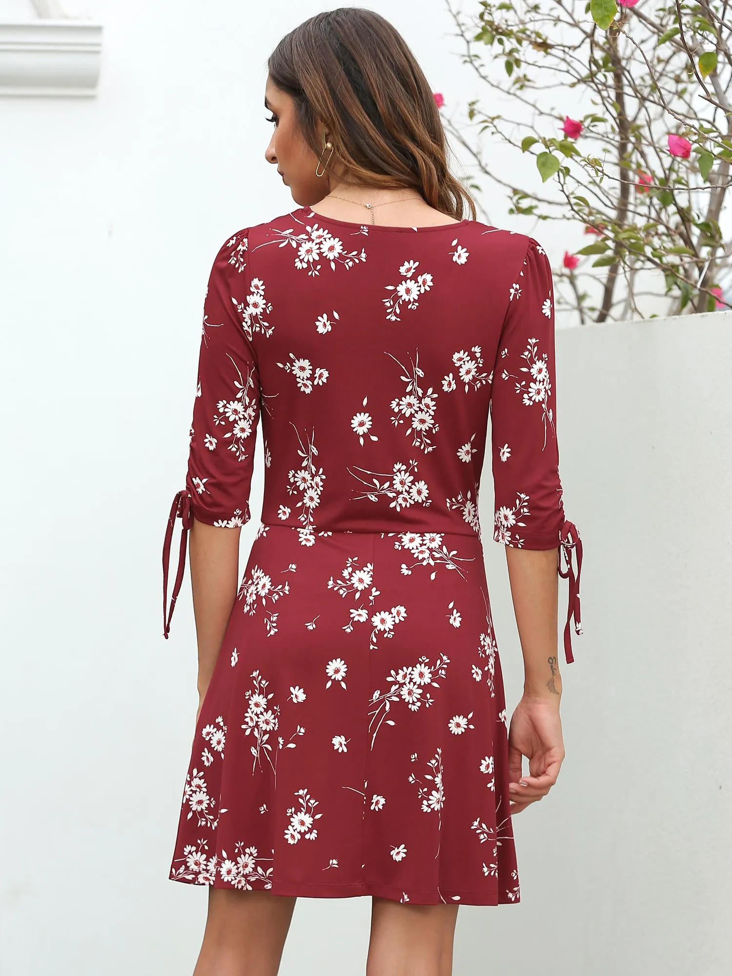 Women's Floral Dress V Neck 3/4 Sleeve Knee Length Summer Short Dresses