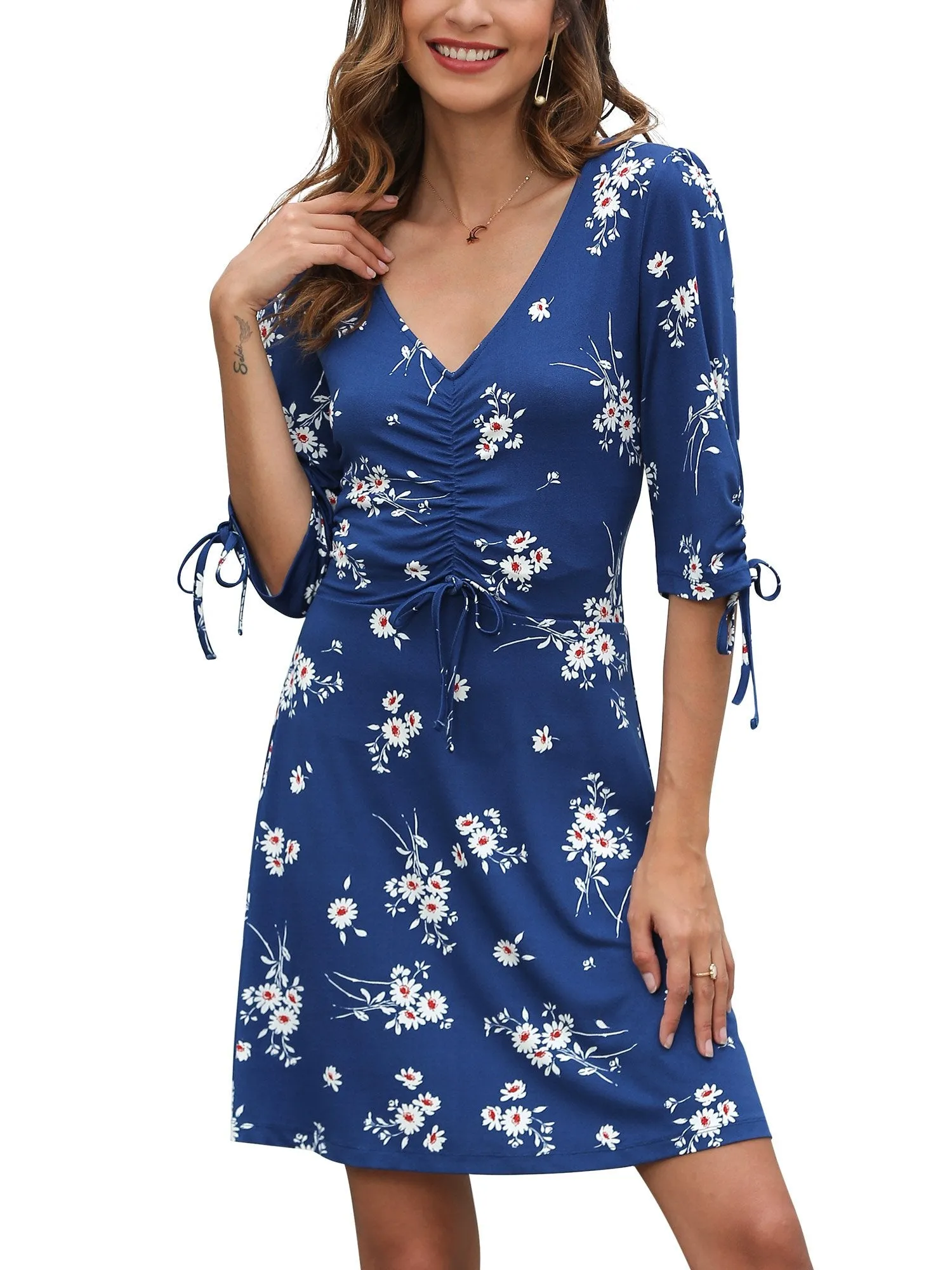 Women's Floral Dress V Neck 3/4 Sleeve Knee Length Summer Short Dresses