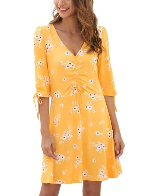 Women's Floral Dress V Neck 3/4 Sleeve Knee Length Summer Short Dresses