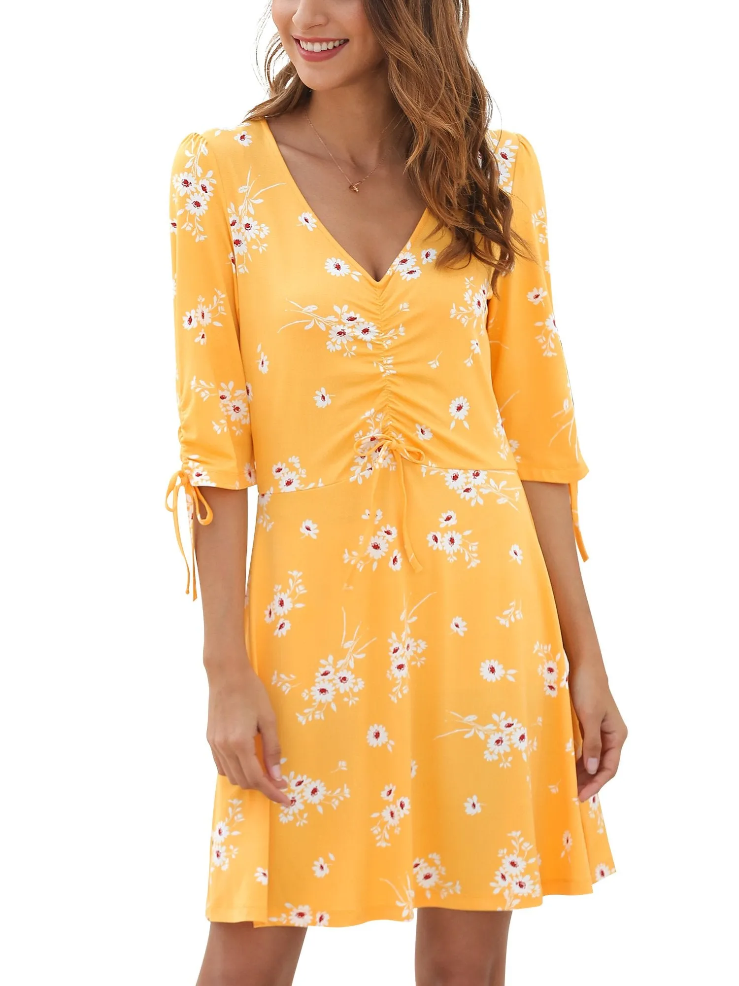 Women's Floral Dress V Neck 3/4 Sleeve Knee Length Summer Short Dresses