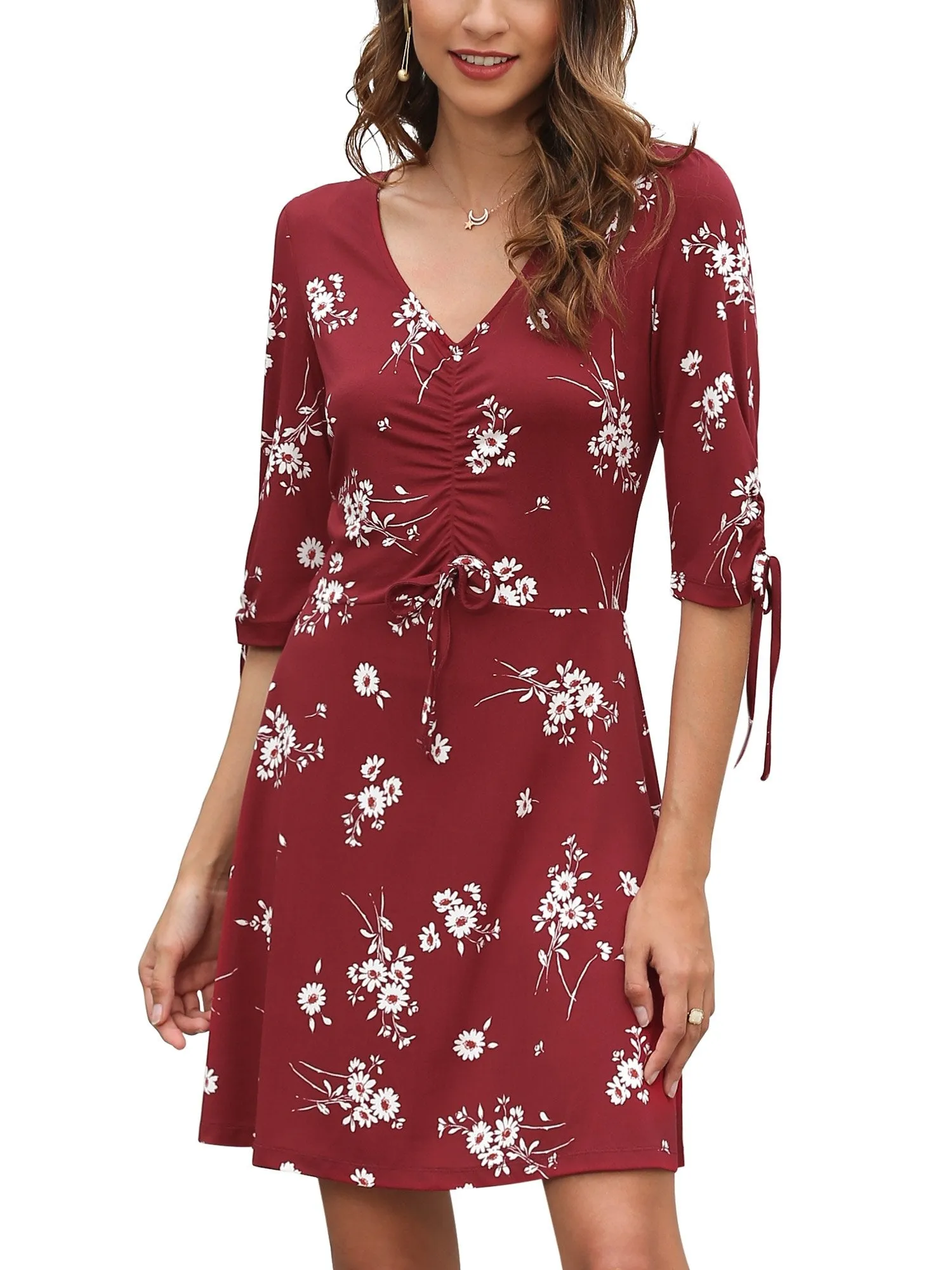 Women's Floral Dress V Neck 3/4 Sleeve Knee Length Summer Short Dresses