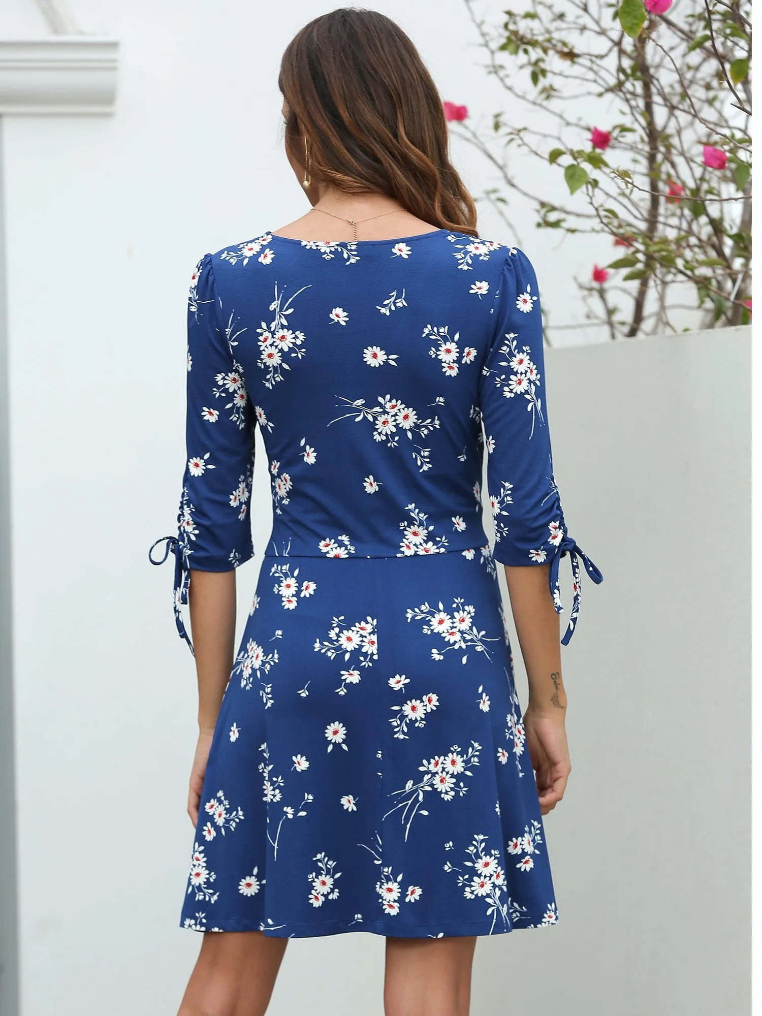 Women's Floral Dress V Neck 3/4 Sleeve Knee Length Summer Short Dresses