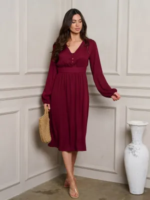WOMEN'S LONG SLEEVE V-NECK MIDI DRESS