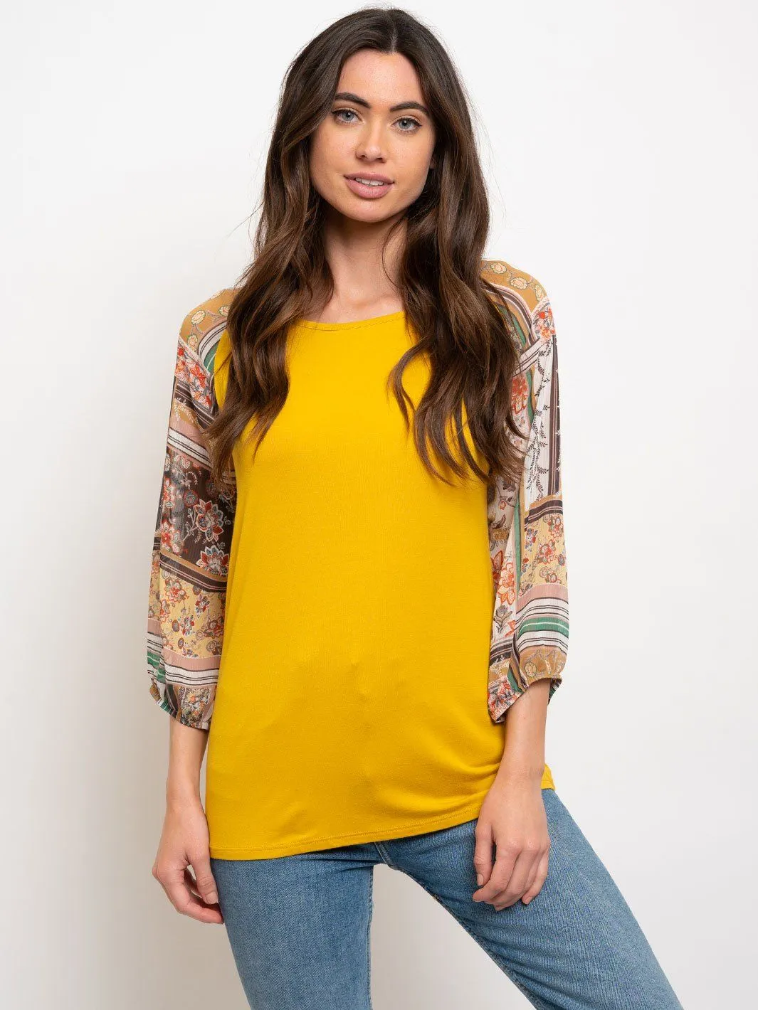 WOMEN'S SHEER MULTI PRINT SLEEVES TOP
